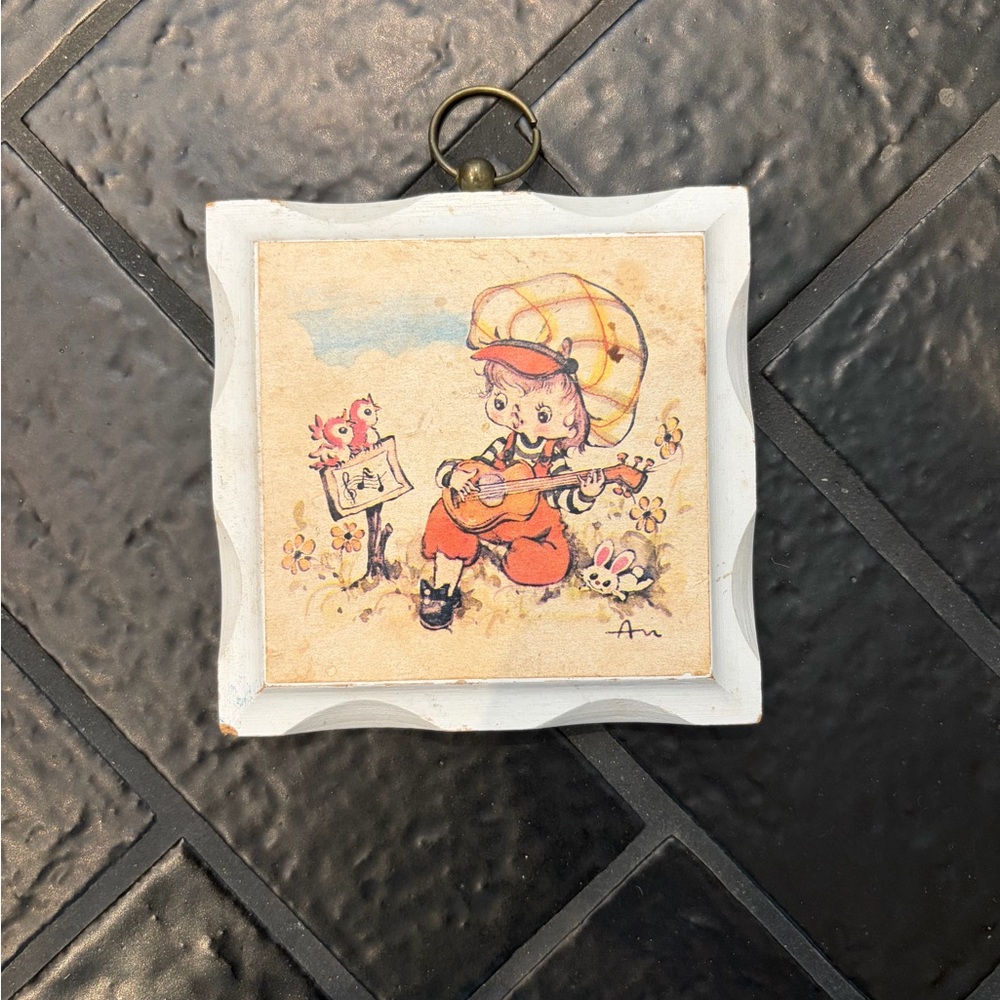 Vintage Nursery Wall Art 5x5 Wood Frame Child Guitar Storybook Decor
